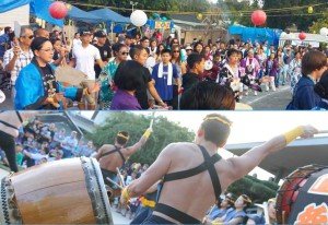 A taiko drummer and people dancing