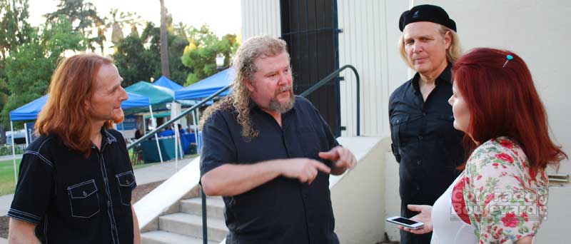 Brother Sun Trio (L-R) Pat Wictor, Joe Jencks and Greg Greenway with our music writer Debra Penberthy.