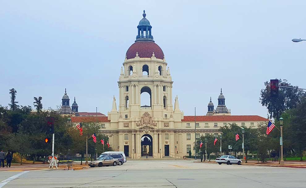A grand building with American flags