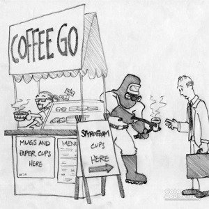 a person in hazmet suit handing coffee in a styrofoam cup