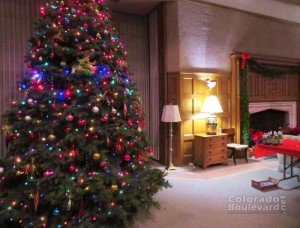 A Christmas tree in a room