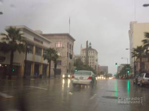 a car driving in the rain