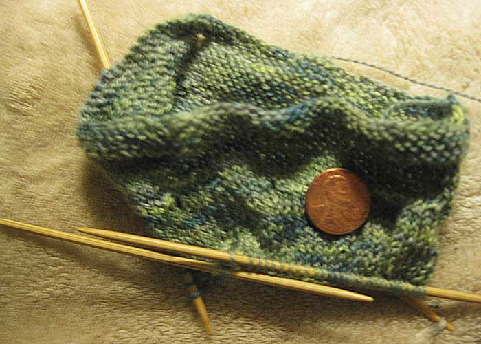 Knitting a small bag (Photo -Robin Southworth).
