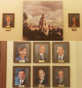 Photos of Pasadena city council are displayed on the walls of City Hall (Photo- Staff).