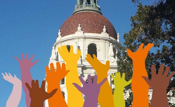 Pledge for parity imposed on Pasadena City Hall (PFP logo courtesy of
