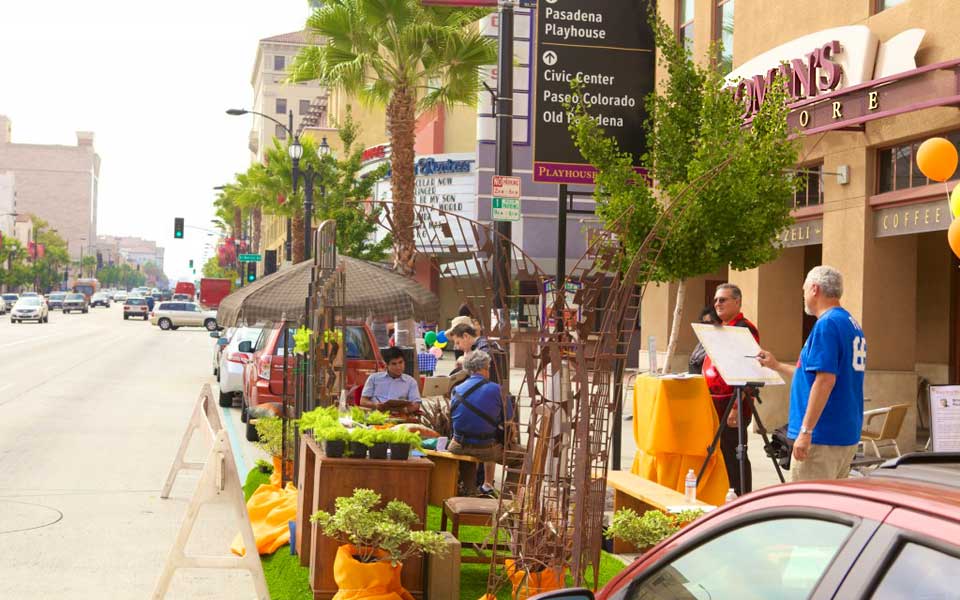 Parklets on Colorado Boulevard during PARK(ing) Day 2014 (Photo - Jonathan Edewards).