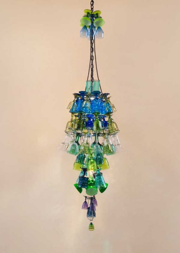 Bottoms Up by Joel Otterson, 75 vintage press glass and cut crystal goblets, steel, metal chain, copper wire, electrical parts (Photo - Courtesy of the artist and Maloney Fine Art, Los Angeles).