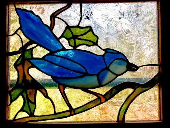 Stellers Jay stained glass art by my dad, Don C. Sudbury, 1920-2013 (Photo - Jean Sudbury).