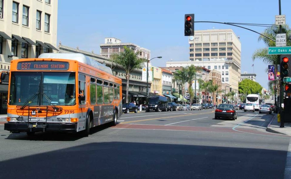 A bus on a street in Pasadena