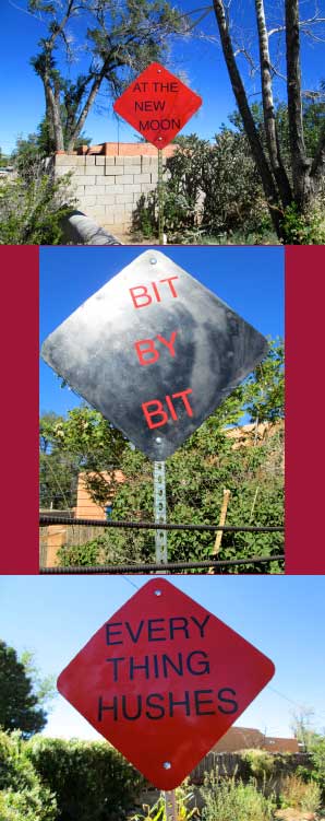 Three haiku signs created by Miriam Sagan. The haiku is by medieval Japanese woman poet, Chiyo-ni (translated by Miriam Sagan and Isabel Winson-Sagan).