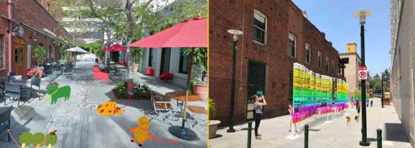 (L to R) Po Yang Leung’s “Walking the Pets” is a whimsical papier-mache installation of “pets” ranging from 18” to 36” in height. Asli Tusavul’s “Better as a Color” comprises thousands of straws sewn together and strung in rows across a 50-foot pre-fabricated steel frame (Photo renderings - oldpasadena.org).