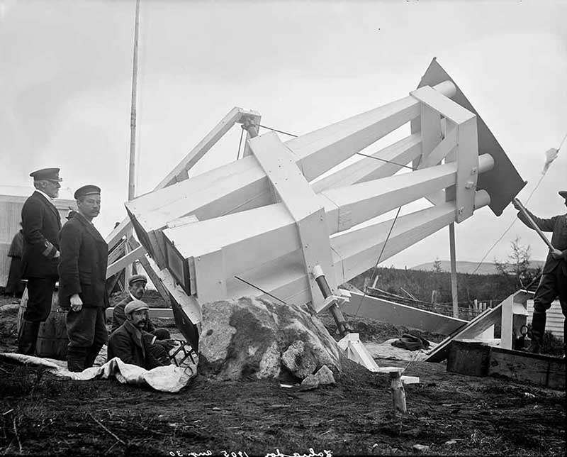 The Lick Observatory Intramercurial Camera, mounted at Sandwich Bay, Labrador, for total solar eclipse of August 30, 1905. Scan of Glass Plate, From film by Tony Misch and Simon Holland (Photo - University of California Observatories / Lick Observatory).