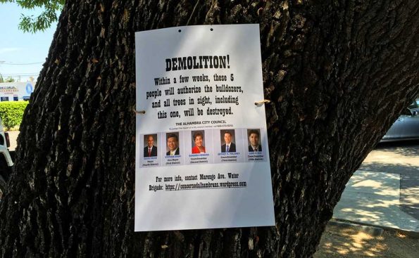 A sign protesting the cutting down of 227 trees in Alhambra (Photo - Melissa Michelson).