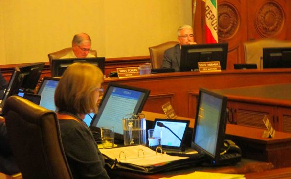 Councilmember Margaret McAustin, Mayor Terry Tornek and City Manager Steve Mermell prior to the begining of council meeting on Monday, Oct. 30, 2017 (Photo - Garrett Rowlan).