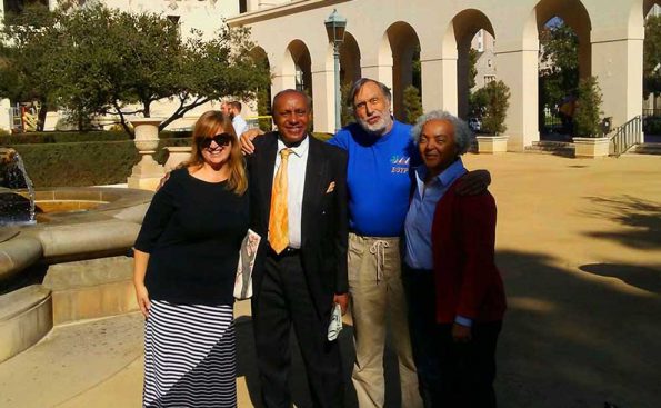 (L-R) Nicole Marie Hodgson, JWG, Robert Roberts and Michelle White at Pasadena City Hall courtyard prior to signing the petition (Photo - © Pasadena Tenants Union).
