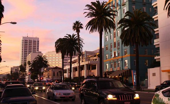 Ocean Avenue at sunset in Santa Monica, California (Photo - Mike Gonzalez).