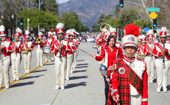 A marching band in red