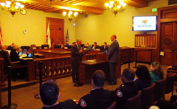 Ara Maloyan, Director of Pasadena Public Works, receiving a proclamation declaring week of May 20-26, 2018 as National Public Works Week in Pasadena (Photo – Garrett Rowlan).