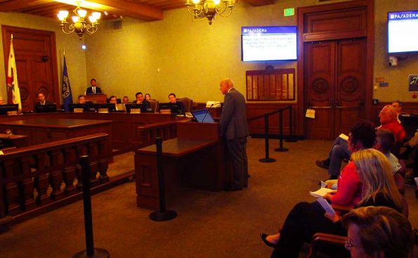 Bill Podley, of Podley Properties, addresses the Pasadena City Council (Photo - Garrett Rowlan),