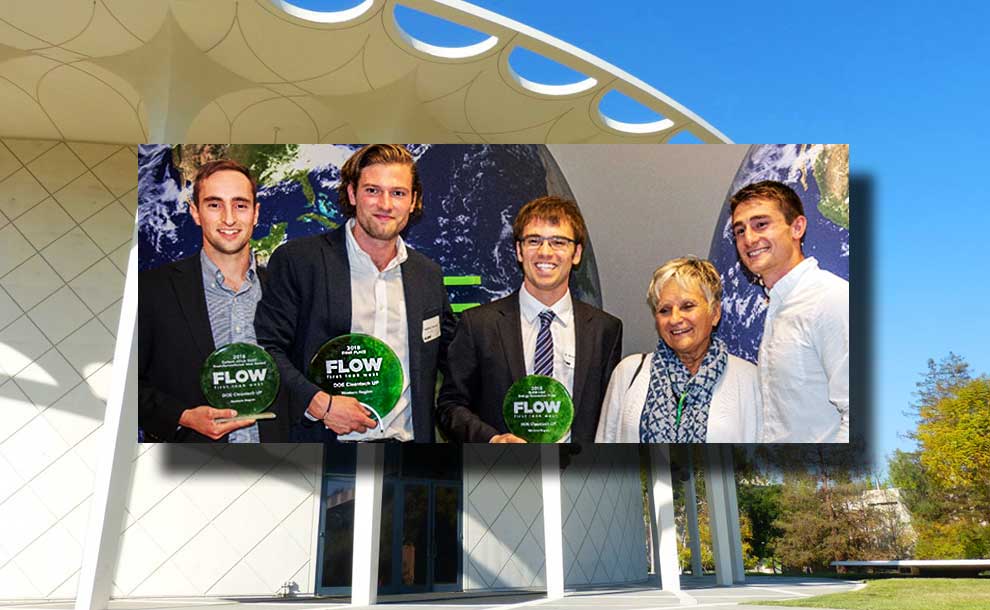 (L-R) Nicolas Pinkowski (Ammonia-by-Wire); Thomas Russell (ETC Solar); Andrew Ponec and Justin Briggs (Antora Energy) pictured with FLOW's Stephanie Yanchinski (Photo - pxhere, Insert - flow.caltech.edu). .