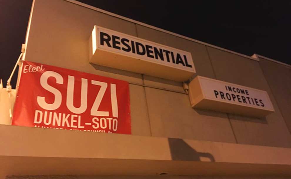 An election sign at a Real Estate office building in Alhambra (Photo - Melissa Michelson).