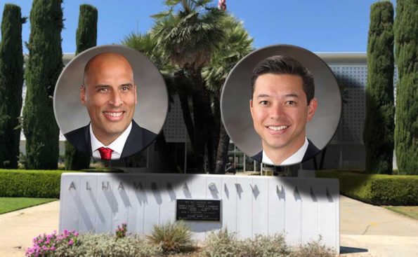 a photo of Alhambra councilmembers Mejia and Maloney superimposed over Alhambra City Hall