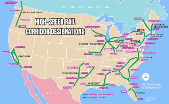 A map of the U.S. with proposed high-speed rail