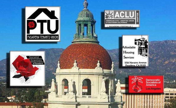 The dome of Pasadena city hall surrounded by logos of the coalition