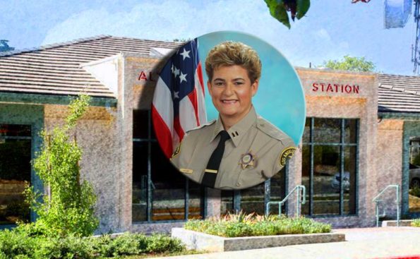 A circular image of Marjory L. Jacobs superimposed on the Altadena sheriff's station
