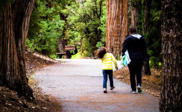 A woman and a child hiking in the woods