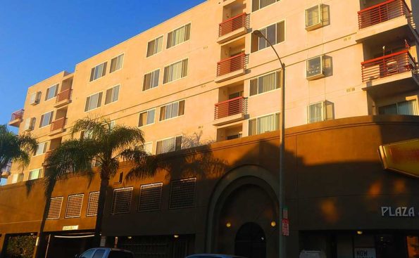 A residential buidling at sunset