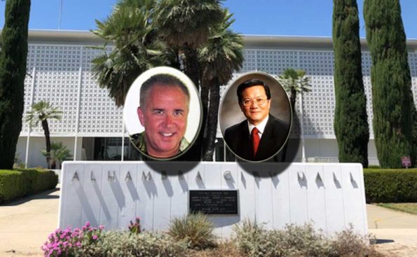 Photos of two guys superimposed on Alhambra City Hall