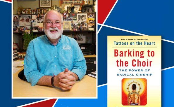 Father Gregory Boyle photo next to a copy of his book
