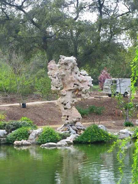 A rock in the middle of a pond with greenery around it