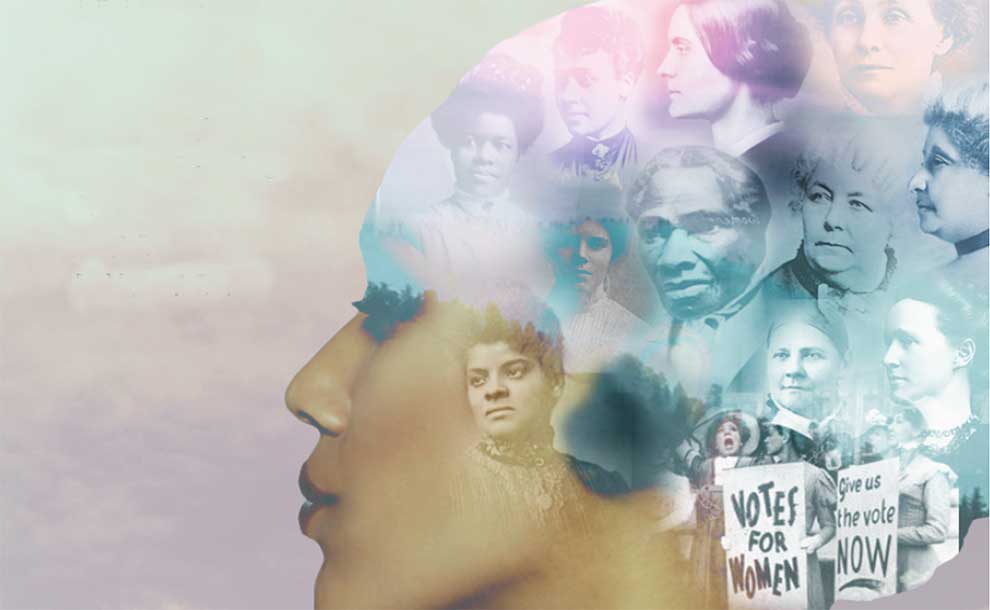 Poster art of a woman with photos of important women figures in her hair