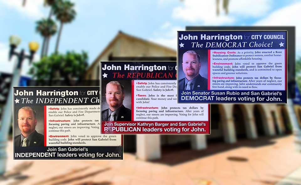 3 different mailers with 3 different affiliationsof Democrat, Republican and Independent
