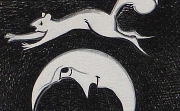 a drawing of a squirrel over the moon
