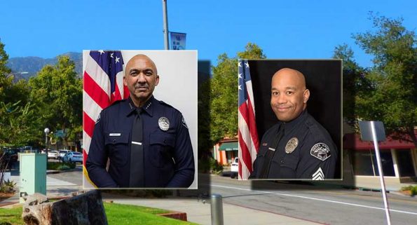 Two African American men in plice uniform photos over Sierra Madre downtown