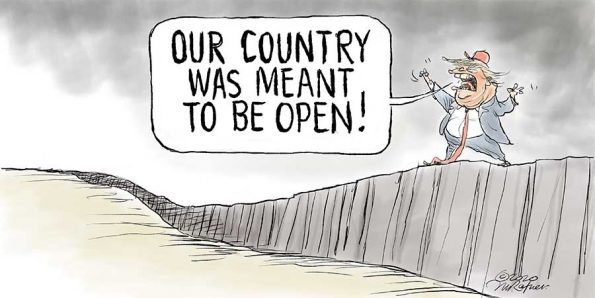 a man on top of a wall shouoting: Our Country is meant to be open