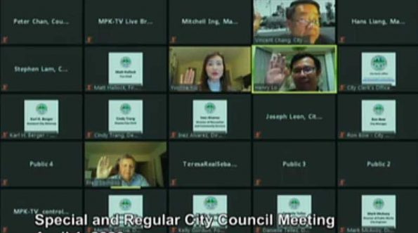 a zoom teleconference with squares filled with people and titles