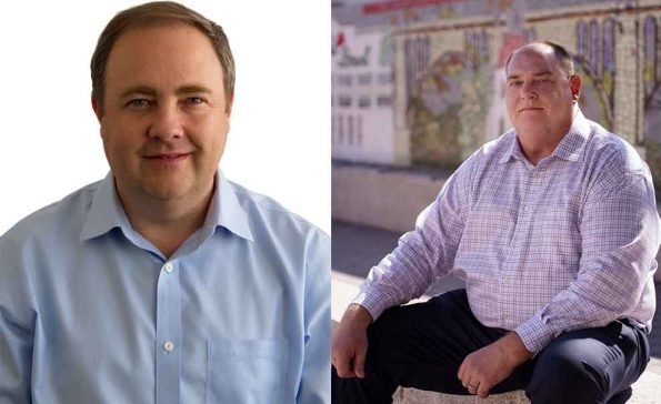 Two photos of two men looking at camera