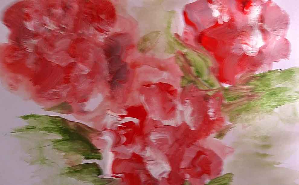 A painting of poenies in red