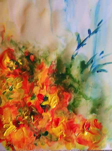 An abstract painting with orange color and blue strokes