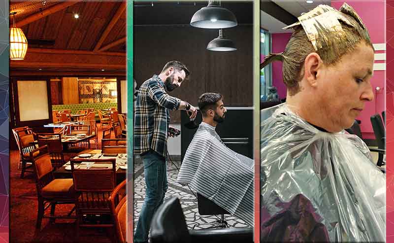 3 photos of an empty restaurant and hair cutting