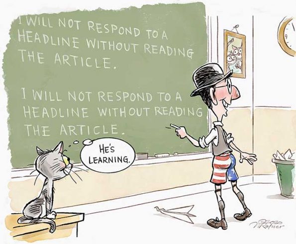 a man writing on billboard: I will not respond to a headline without reading the article"