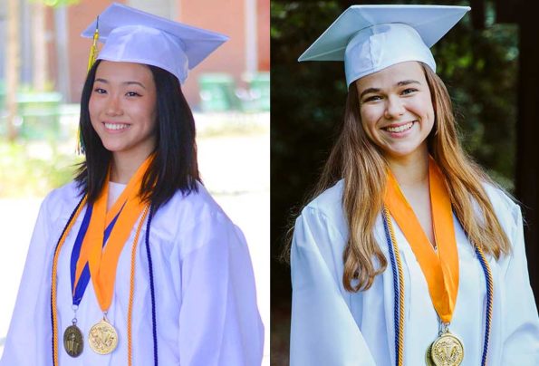 two girls in white graduation gown and yellow ribbons