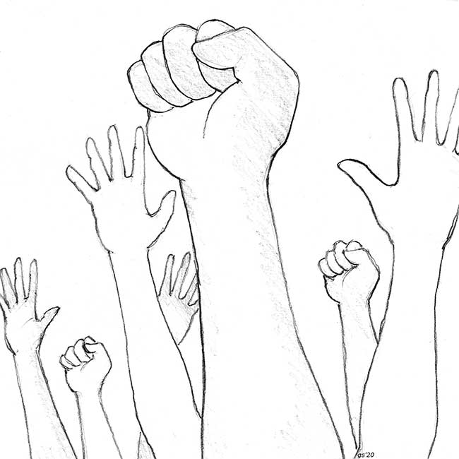 raised fists in the sky