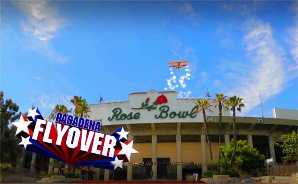 A plane flying above a building