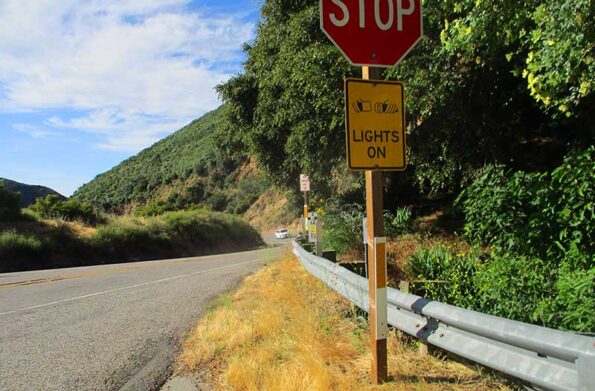 A road with a stop sign and a car in the distance