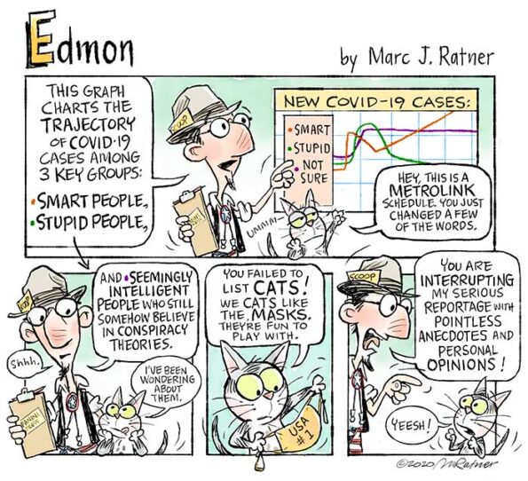 a man explaining his theories about smart and dumb people not believing in the pandemic while the cat is interrupting